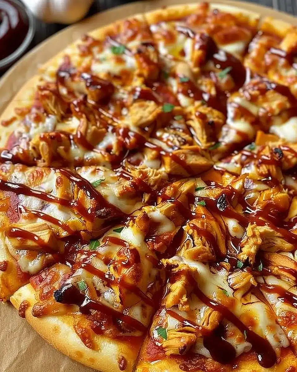 Delicious BBQ Chicken Pizza with grilled chicken, cheese, and BBQ sauce
