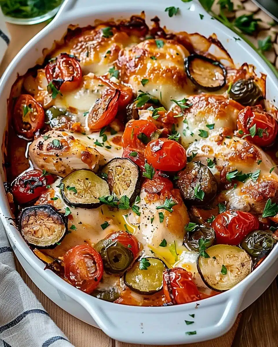 Mediterranean chicken bake with herbs and vegetables in a baking dish.