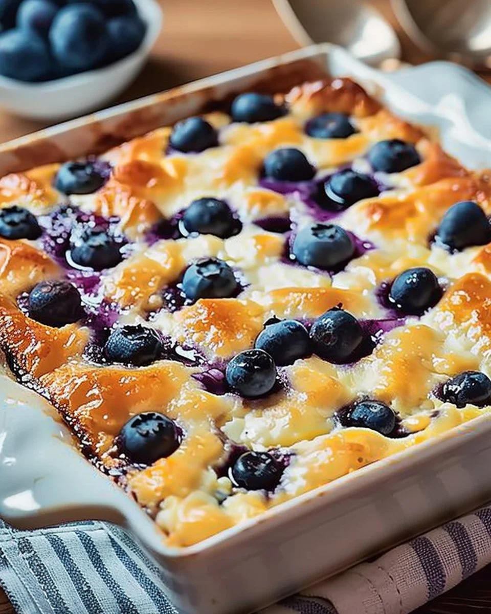 Blueberry Cottage Cheese Breakfast Bake in a baking dish with fresh blueberries