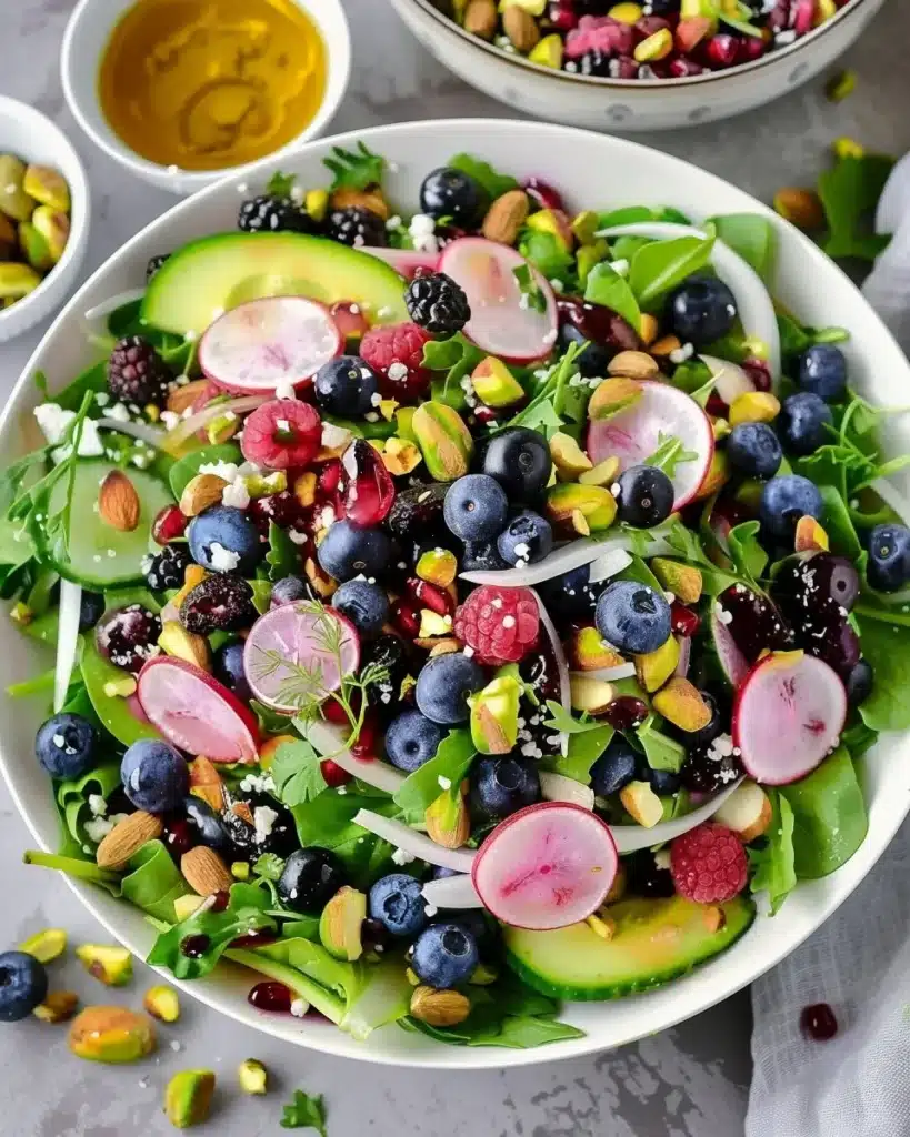 Blueberry Pistachio Spring Salad with vibrant colors and fresh ingredients
