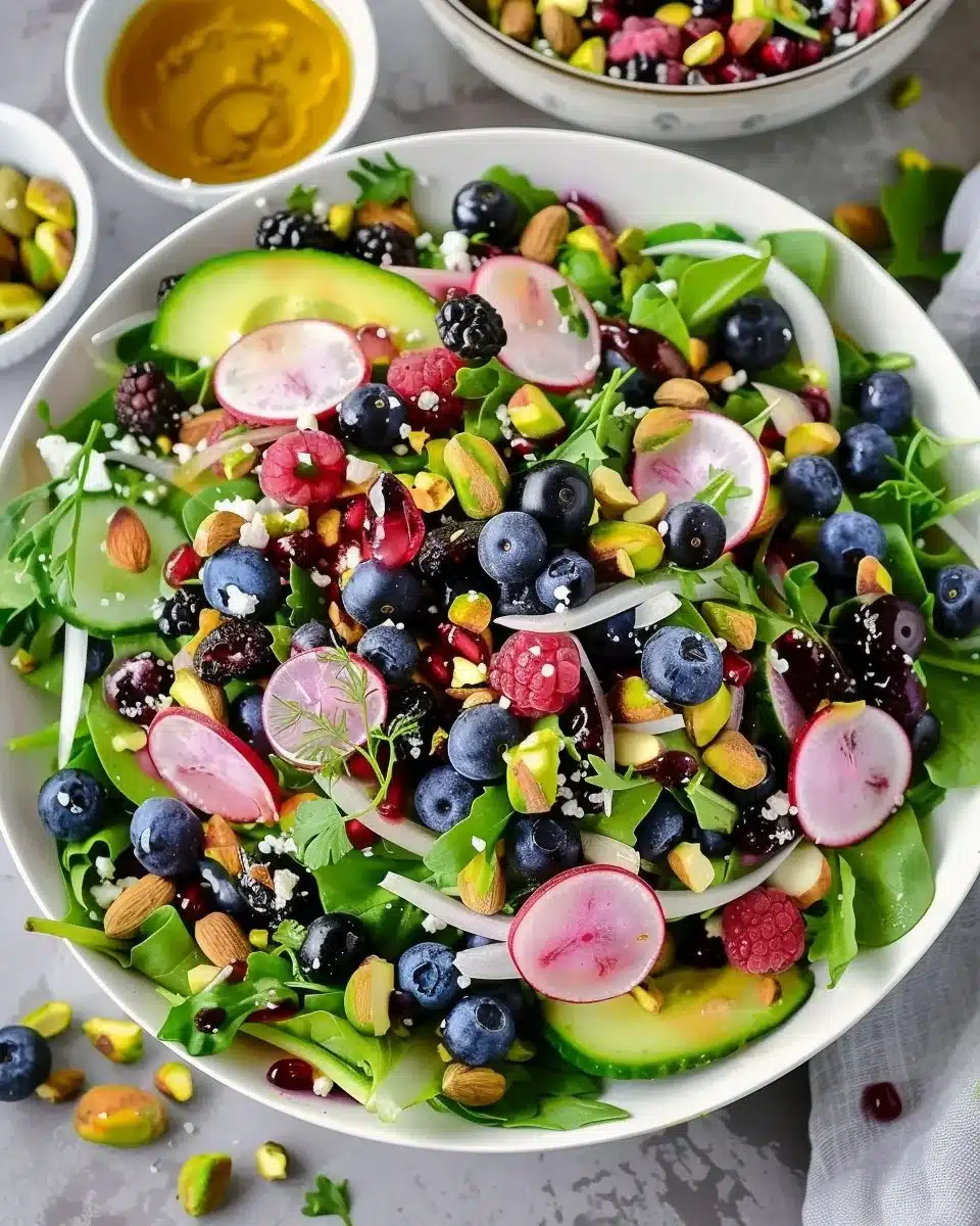 Blueberry Pistachio Spring Salad with vibrant colors and fresh ingredients