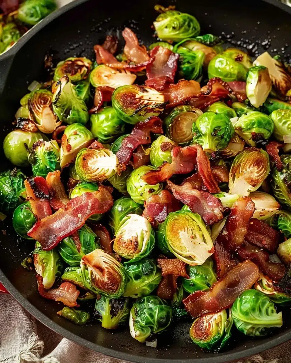 Brussels sprouts cooked with crispy bacon on a plate