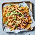 Plate of Buffalo Chicken Nachos topped with cheese, chicken, and jalapeños.