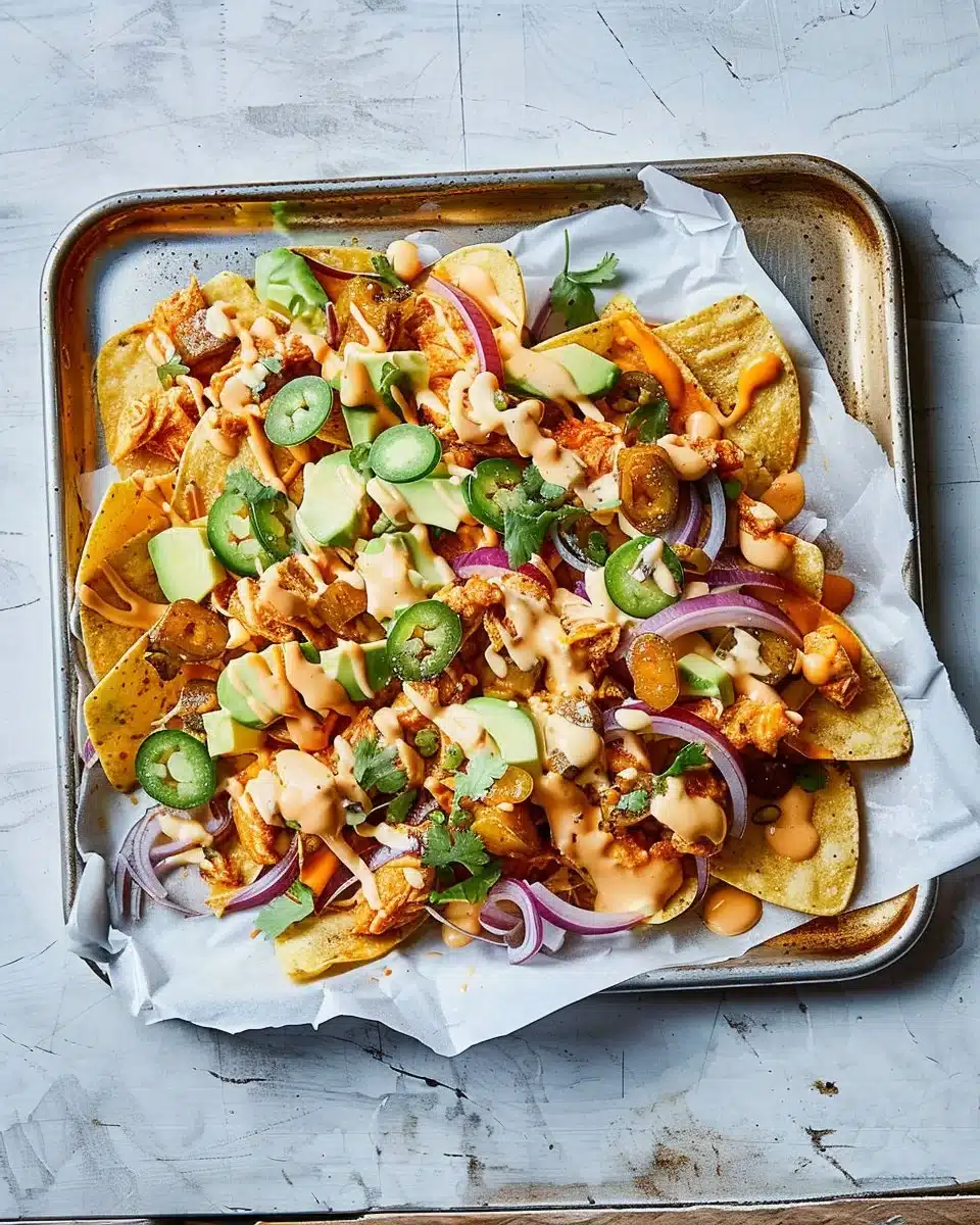 Plate of Buffalo Chicken Nachos topped with cheese, chicken, and jalapeños.
