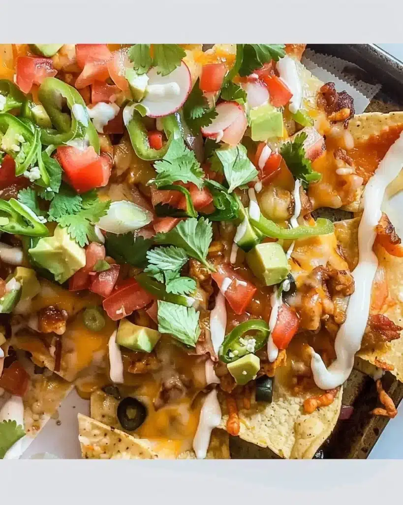 Plate of cheesy BBQ chicken nachos topped with jalapeños and cilantro