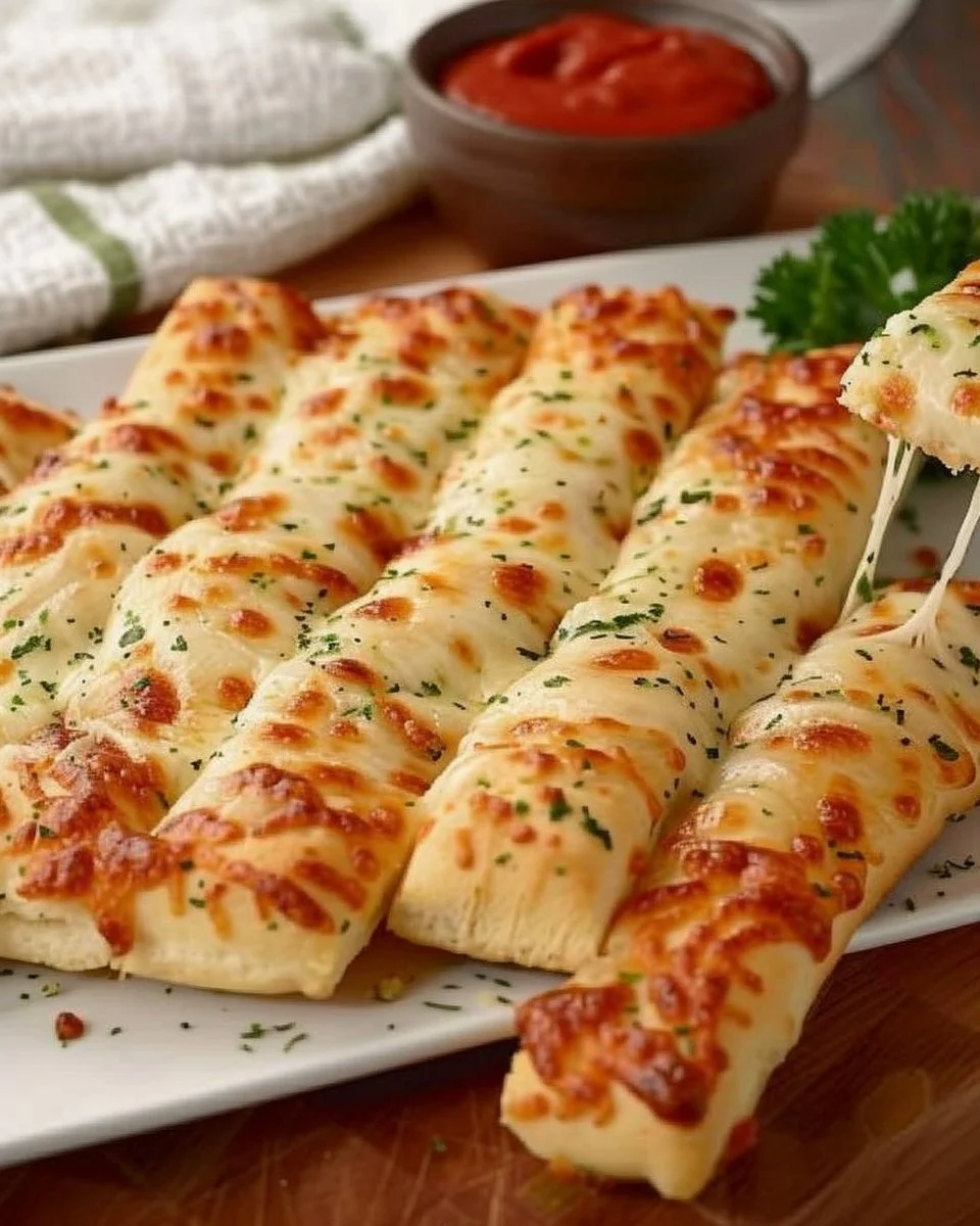 Freshly baked cheesy breadsticks topped with melting cheese and herbs