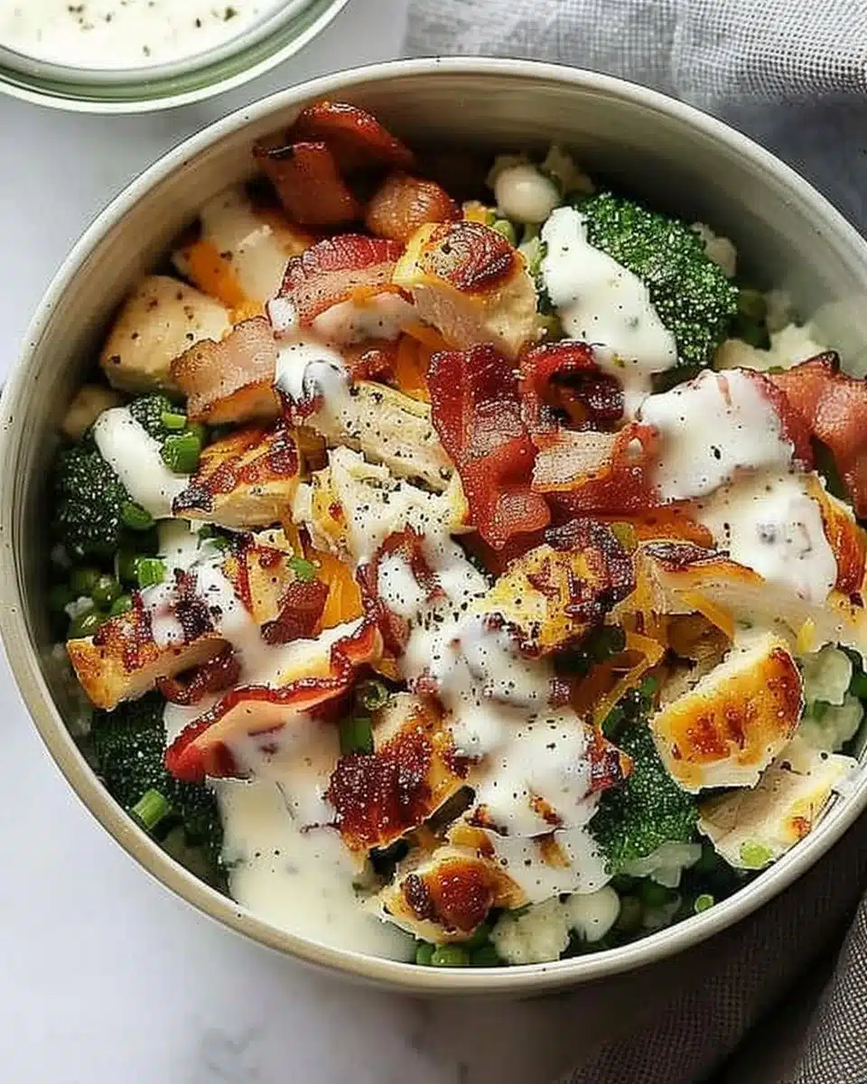 Chicken Bacon Ranch Keto Bowl with fresh ingredients and toppings.
