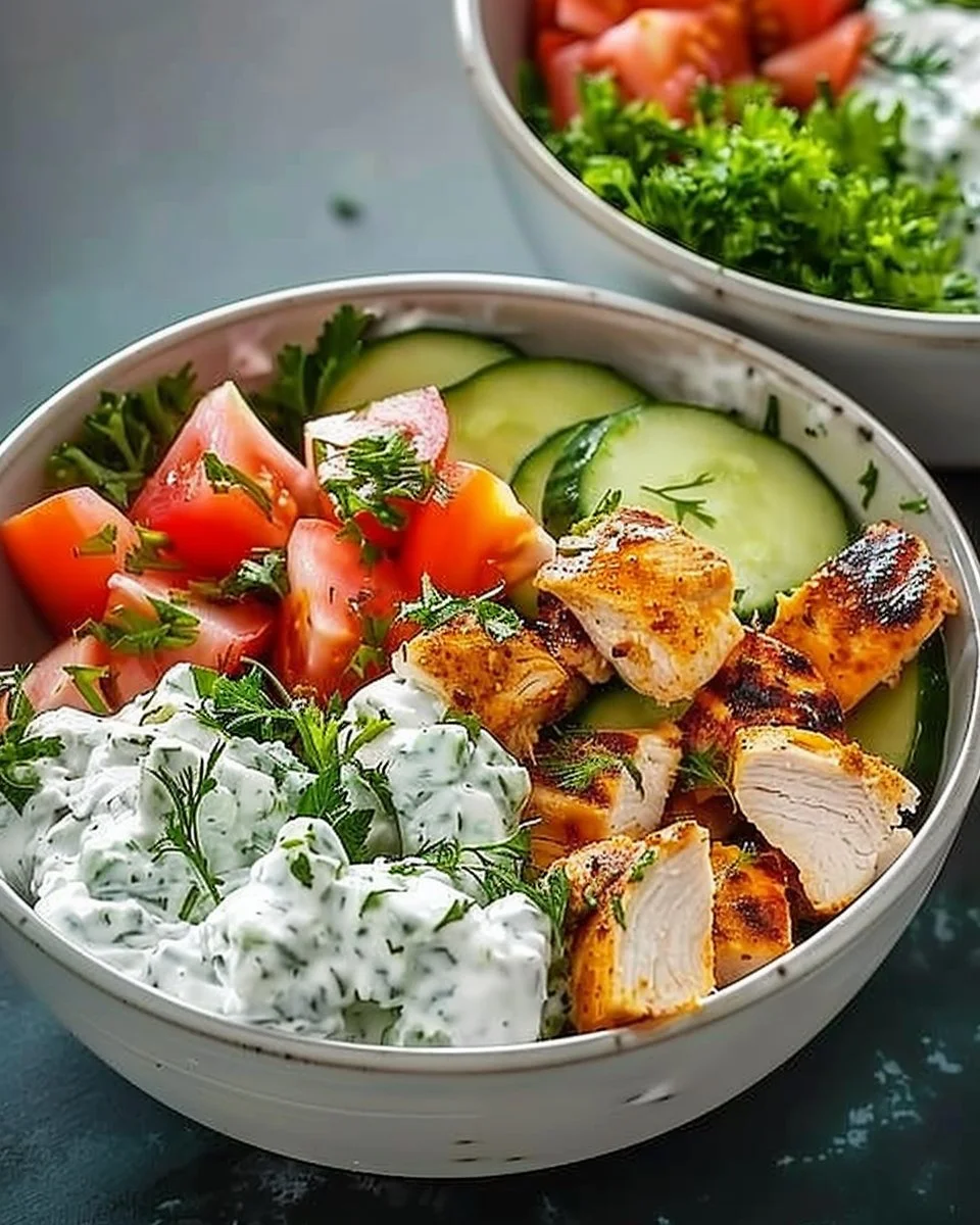 A bowl of Chicken Tzatziki featuring grilled chicken, fresh vegetables, and tzatziki sauce