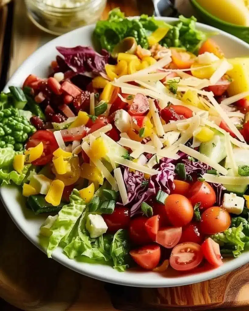 Chopped Italian salad with tomatoes, olives, and dressing