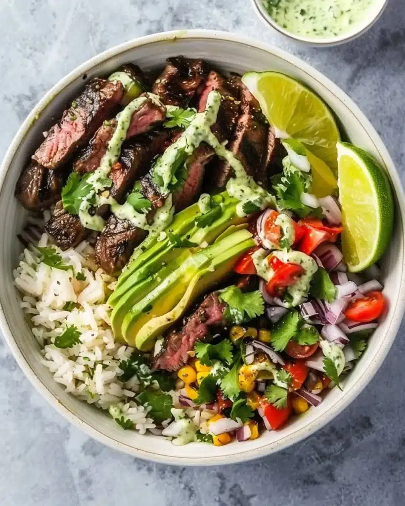 Cilantro Lime Steak Bowls garnished with fresh cilantro and lime slices