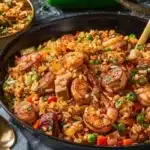 Bowl of classic Mardi Gras jambalaya with shrimp and spices