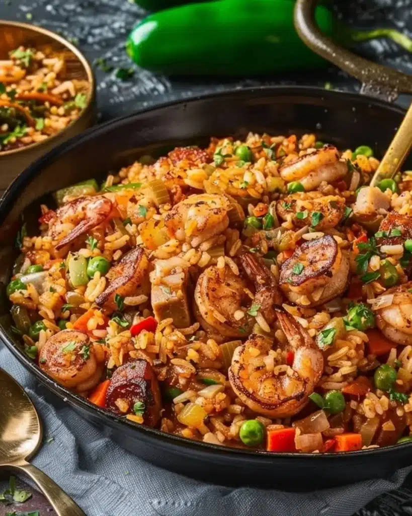 Bowl of classic Mardi Gras jambalaya with shrimp and spices