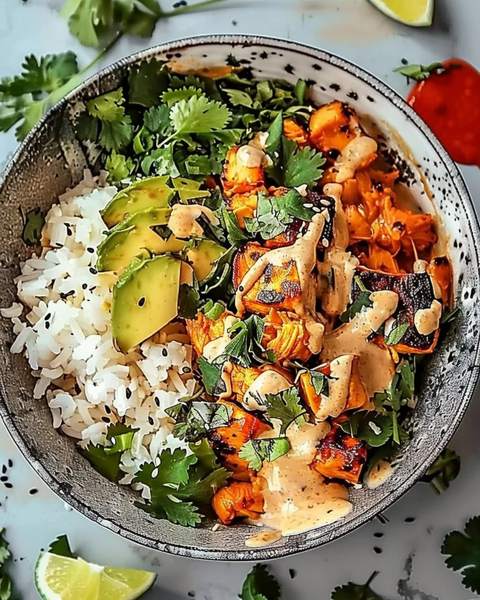 Coconut Chicken Rice Bowl garnished with fresh herbs and served in a vibrant bowl.