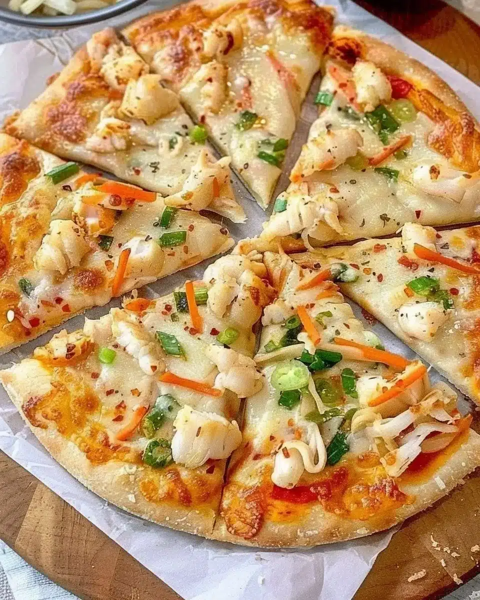 Delicious Crab Rangoon Pizza topped with cream cheese, crab, and crispy wontons