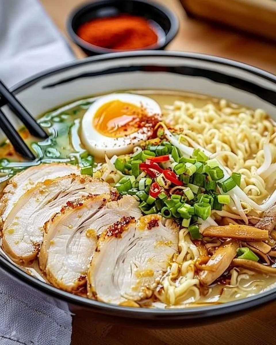 Bowl of creamy garlic chicken ramen garnished with green onions and sesame seeds.