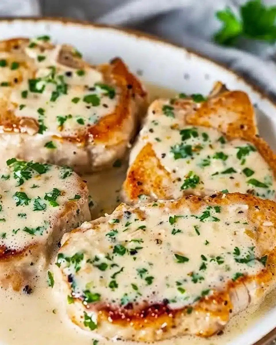Creamy garlic parmesan pork chops served with herbs on a plate