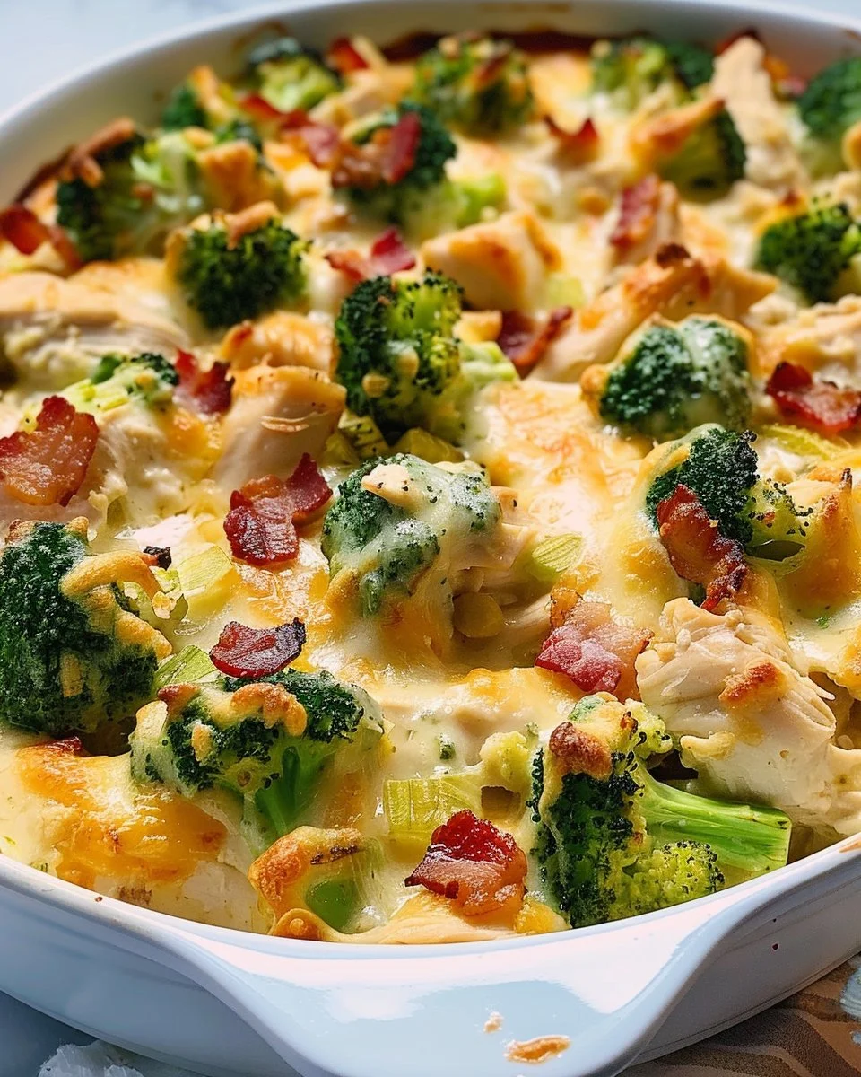 Creamy low carb chicken casserole with broccoli and bacon in a baking dish