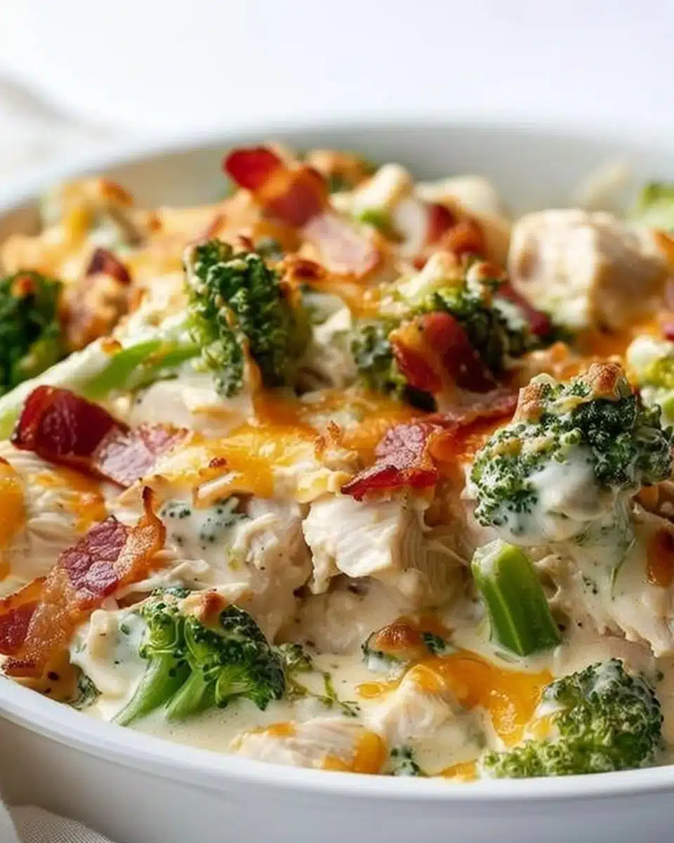 Creamy low carb chicken casserole with broccoli and bacon served in a dish