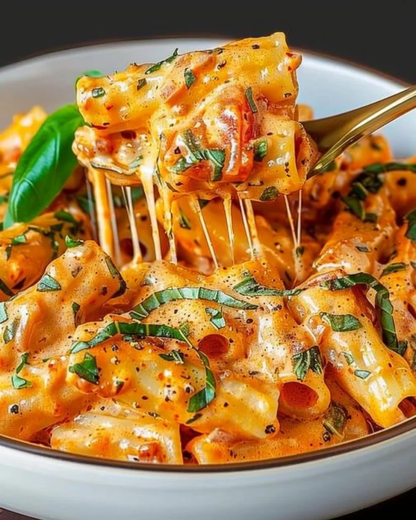 Creamy tomato garlic pasta dish with basil and cheese garnish