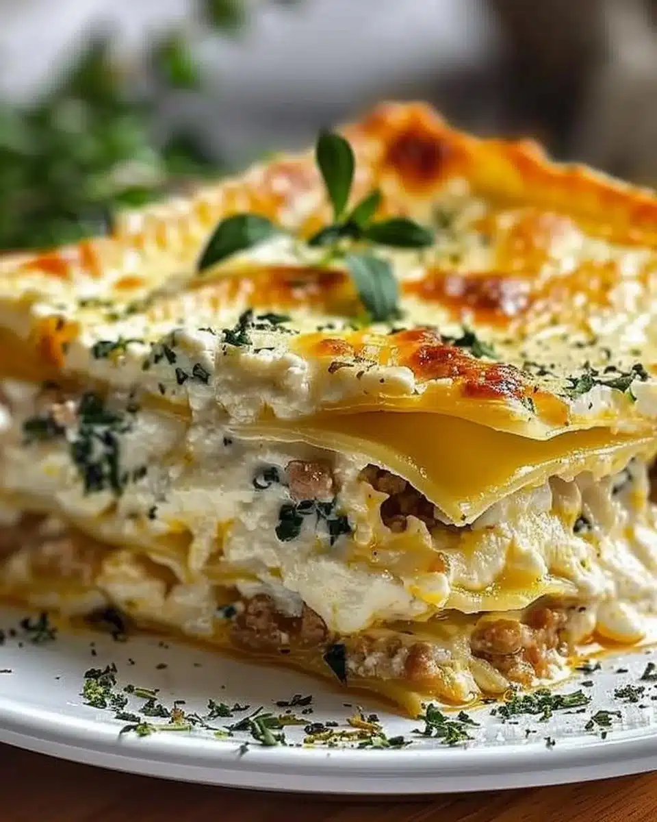 Creamy white keto lasagna in a baking dish, perfect for low-carb diets.