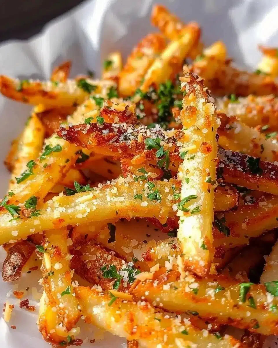 Plate of crispy baked parmesan garlic fries garnished with herbs.