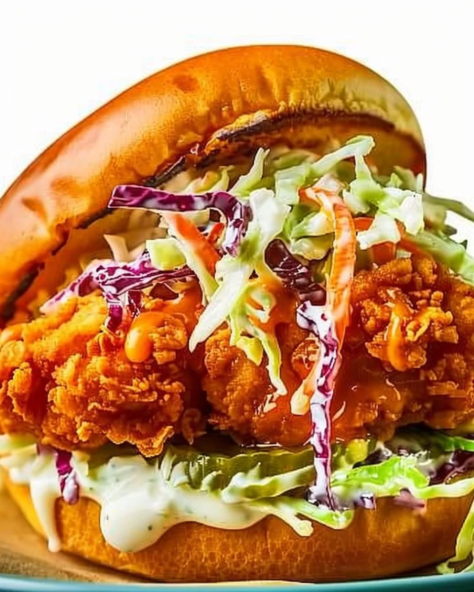 Crispy Buffalo Chicken Sandwich garnished with zesty ranch slaw on a rustic plate.