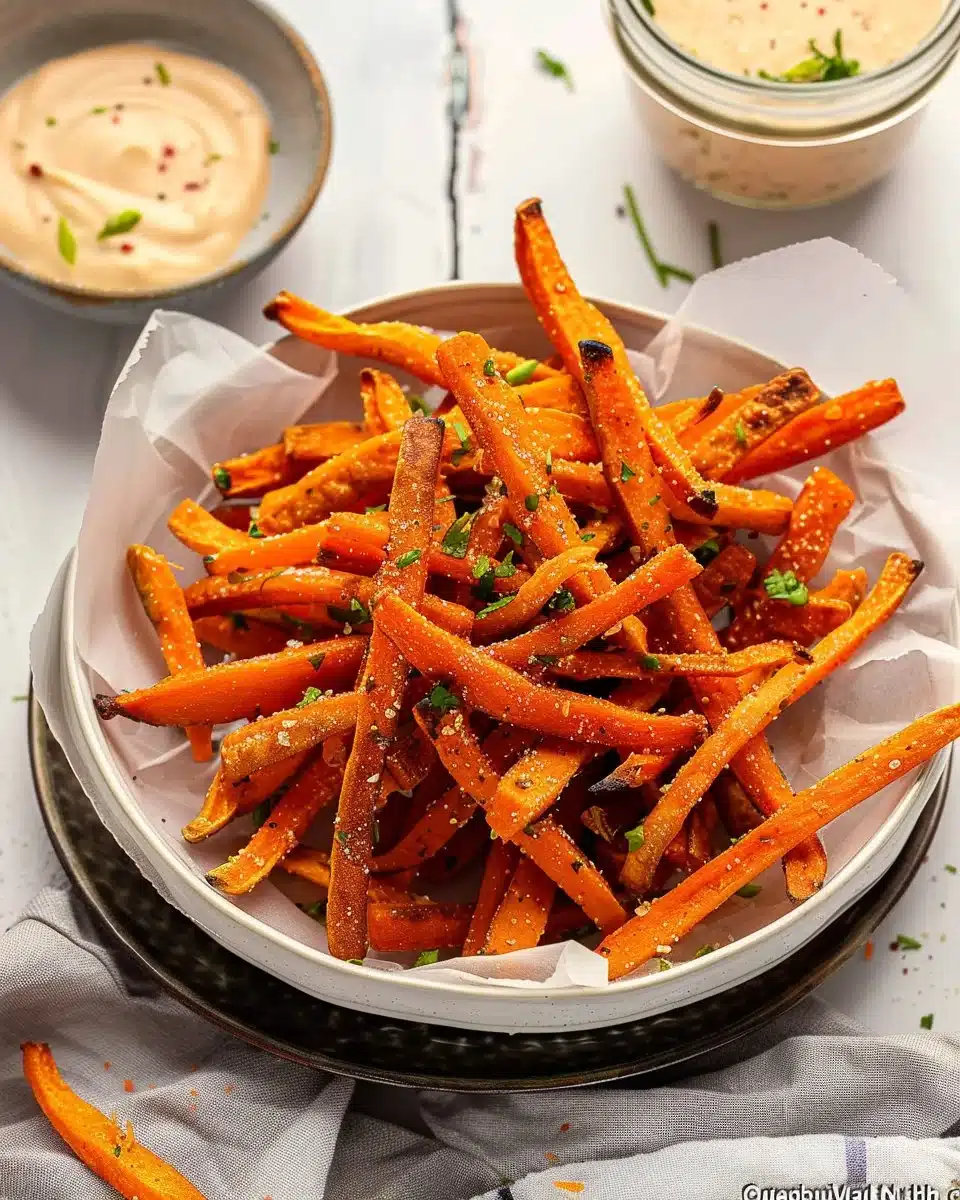 Plate of crispy carrot fries served with a dipping sauce