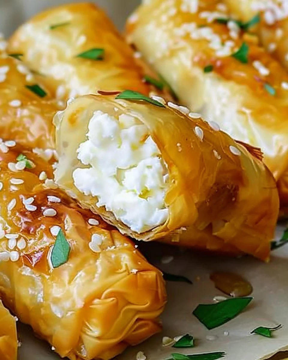 Golden crispy feta rolls ready to serve, showcasing flaky pastry and feta filling.