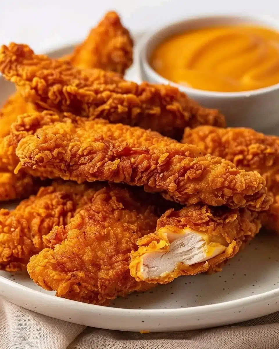 Crispy fried chicken tenders served with dipping sauce