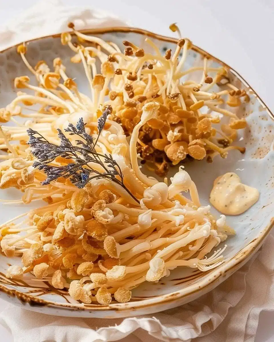 Crispy fried enoki mushrooms served as a savory appetizer