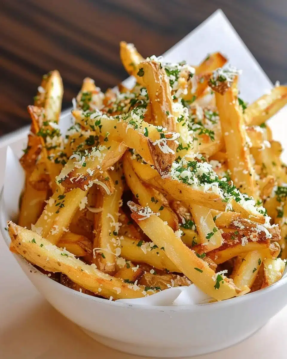 Plate of crispy garlic parmesan fries with herbs and Parmesan cheese