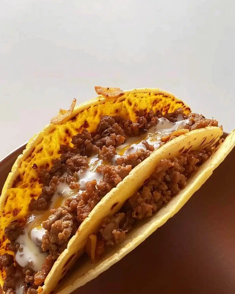 Crispy ground beef tacos topped with fresh lettuce and tomatoes