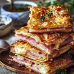 Crispy ham and cheese puff pastry stacks with golden crust