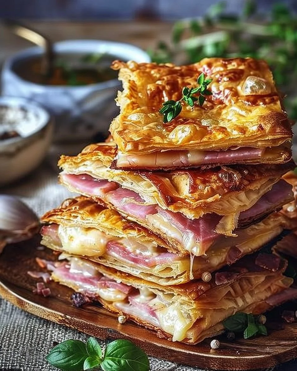 Crispy ham and cheese puff pastry stacks with golden crust