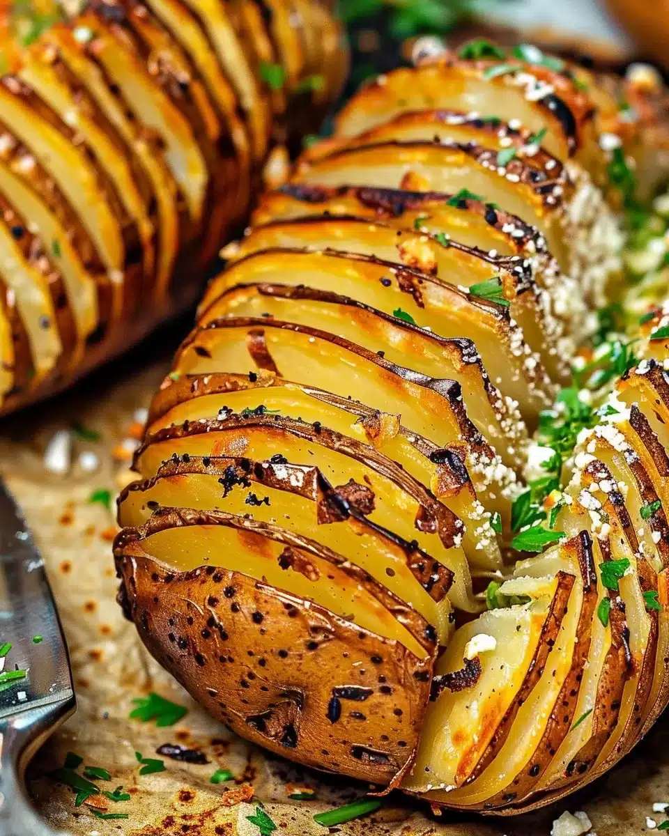 Delicious crispy Hasselback potatoes garnished with herbs and spices