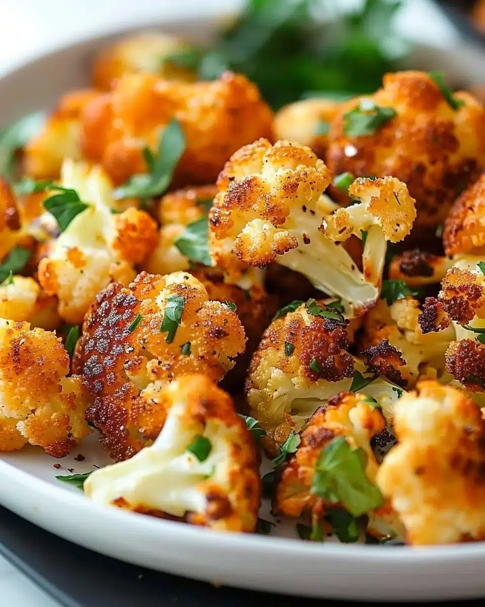 Crispy roasted cauliflower served on a plate garnished with herbs