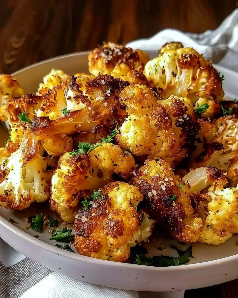 Crispy roasted cauliflower garnished with herbs on a rustic plate