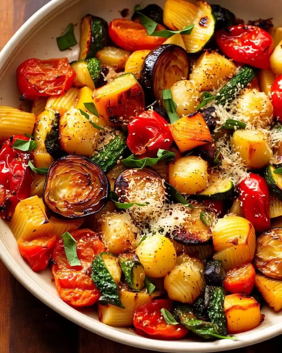 Crispy roasted vegetables served with gnocchi in a delicious dish