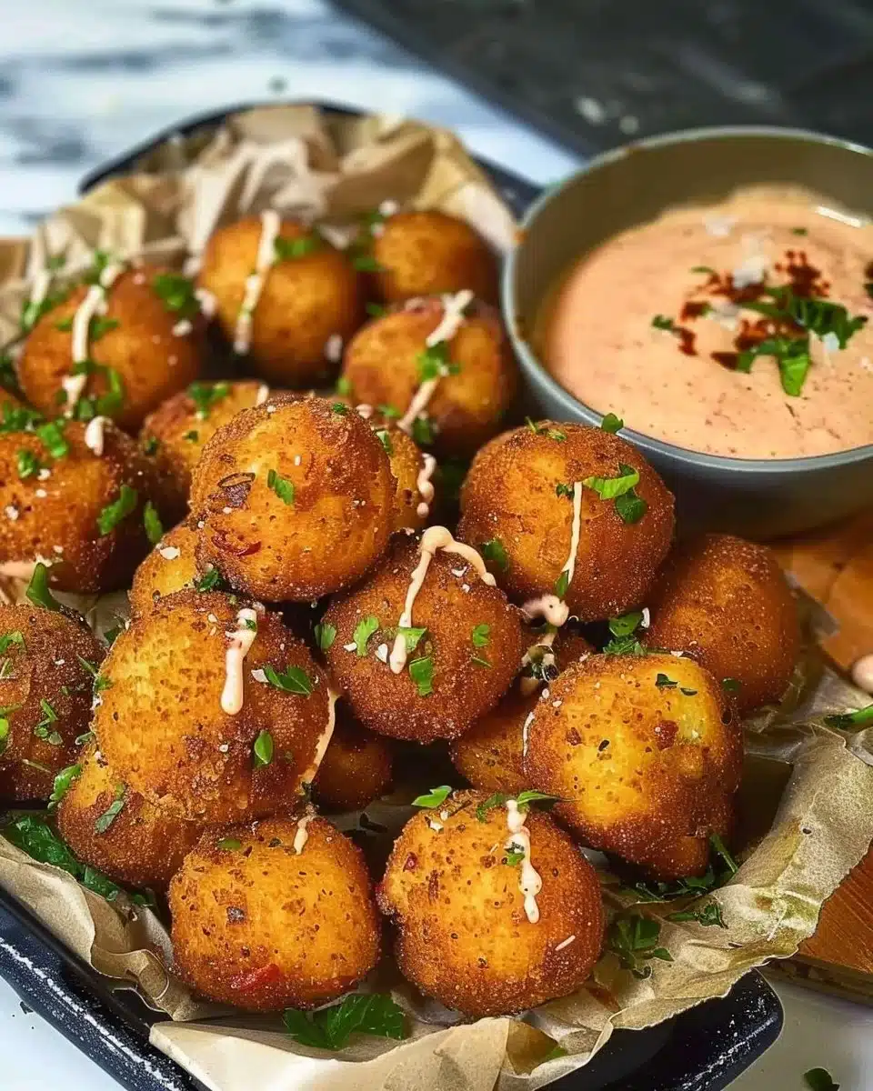 Crispy vegan potato balls served with Sriracha mayo on a plate