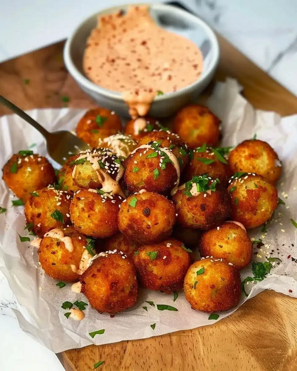 Crispy Vegan Potato Balls with Sriracha Mayo
