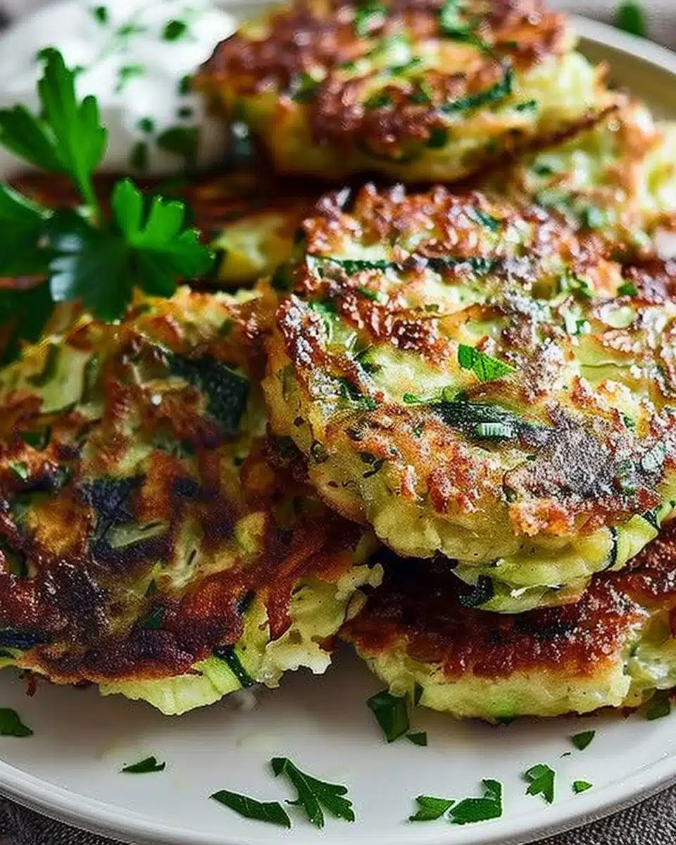 Plate of crispy zucchini fritters garnished with herbs