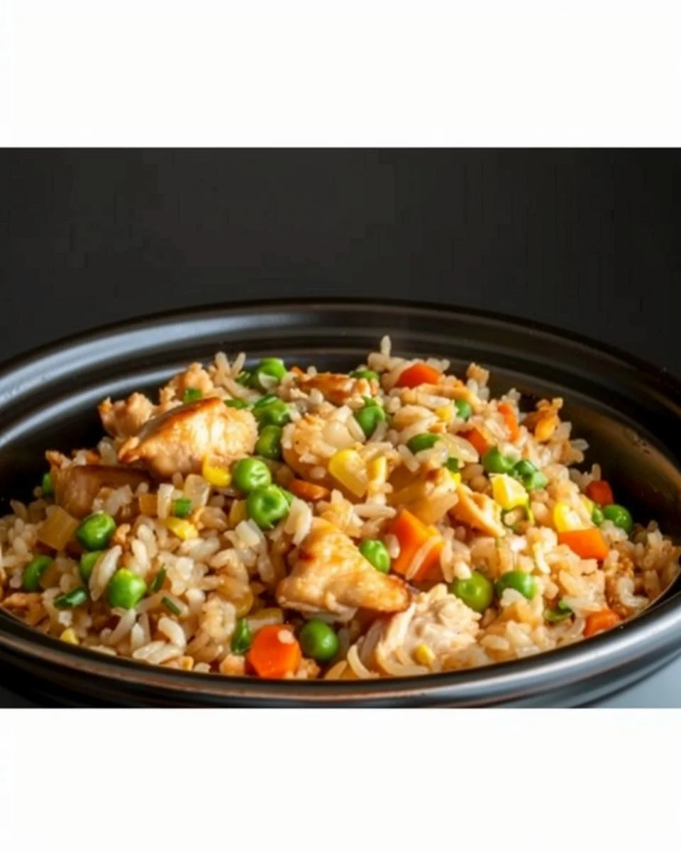 Bowl of Crockpot chicken fried rice with vegetables and chicken pieces.