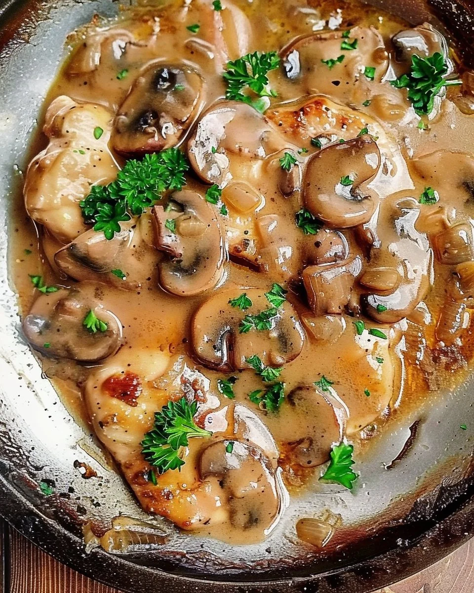 Crockpot Chicken Marsala with mushrooms and herbs served on a plate