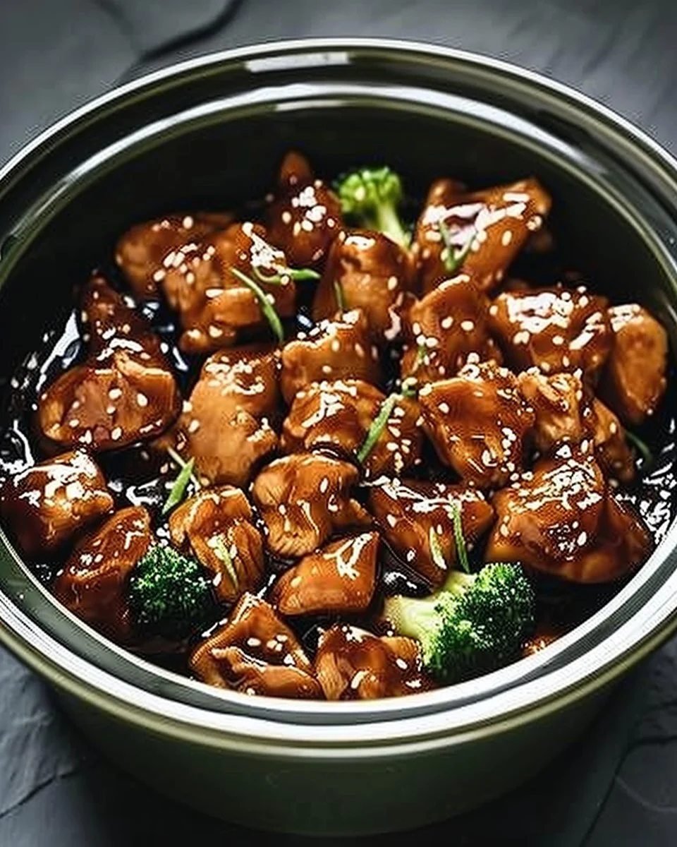 Crockpot Teriyaki Chicken in a bowl with sauce and green onions