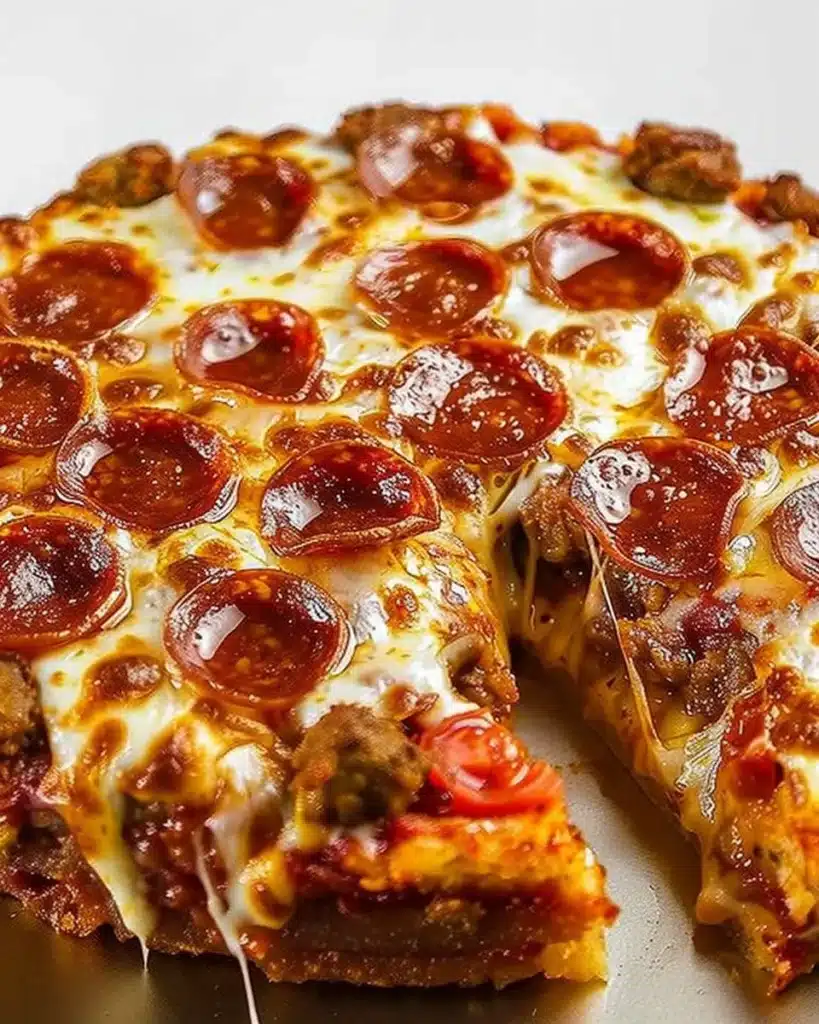 Delicious crustless pizza pie topped with fresh vegetables and cheese