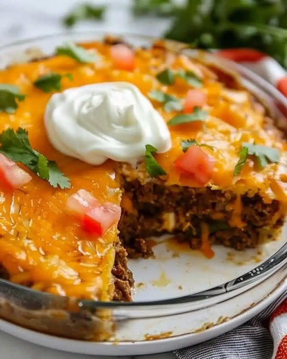 Crustless taco pie topped with cheese and fresh ingredients