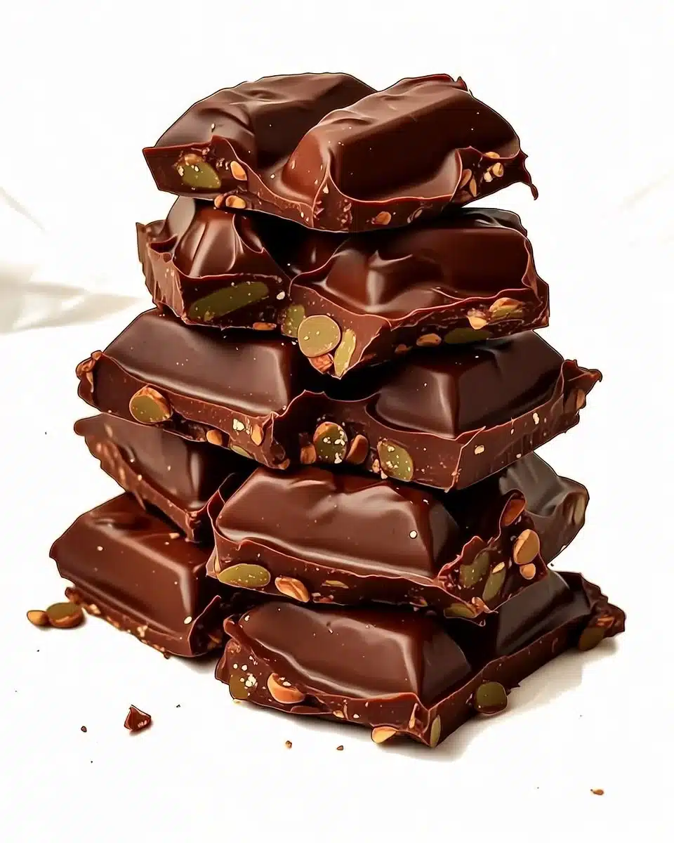 Homemade dark chocolate nut squares topped with nuts and cocoa powder