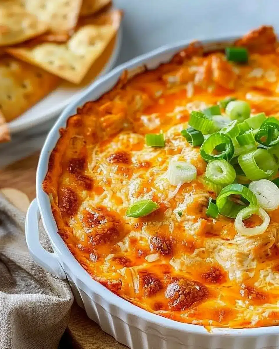 Delicious easy baked buffalo chicken dip served in a dish