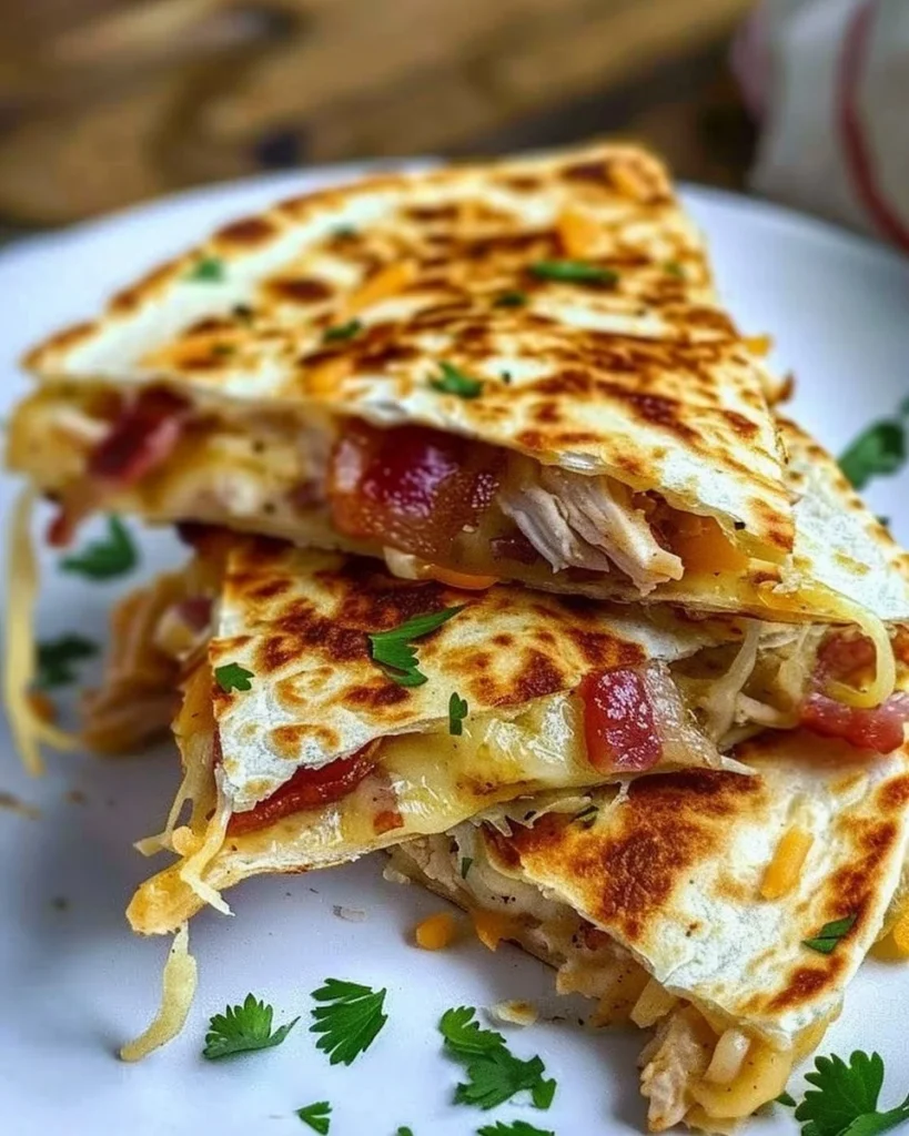 Easy Chicken Bacon Ranch Quesadilla with crispy bacon and melted cheese