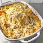 Plate of Easy Chicken Tetrazzini with creamy sauce and pasta